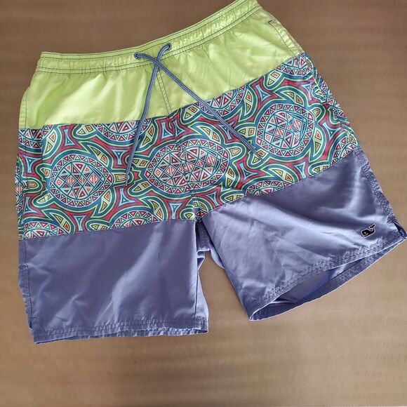 Vineyard Vines Pieced Sea of Turtles Blue Green Lined Swim Trunks Medium
